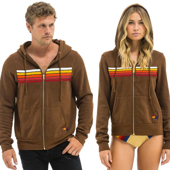 Aviator Nation 5 STRIPE HOODIE - CHOCOLATE // RAINBOW WHITE Large - Picture 1 of 5